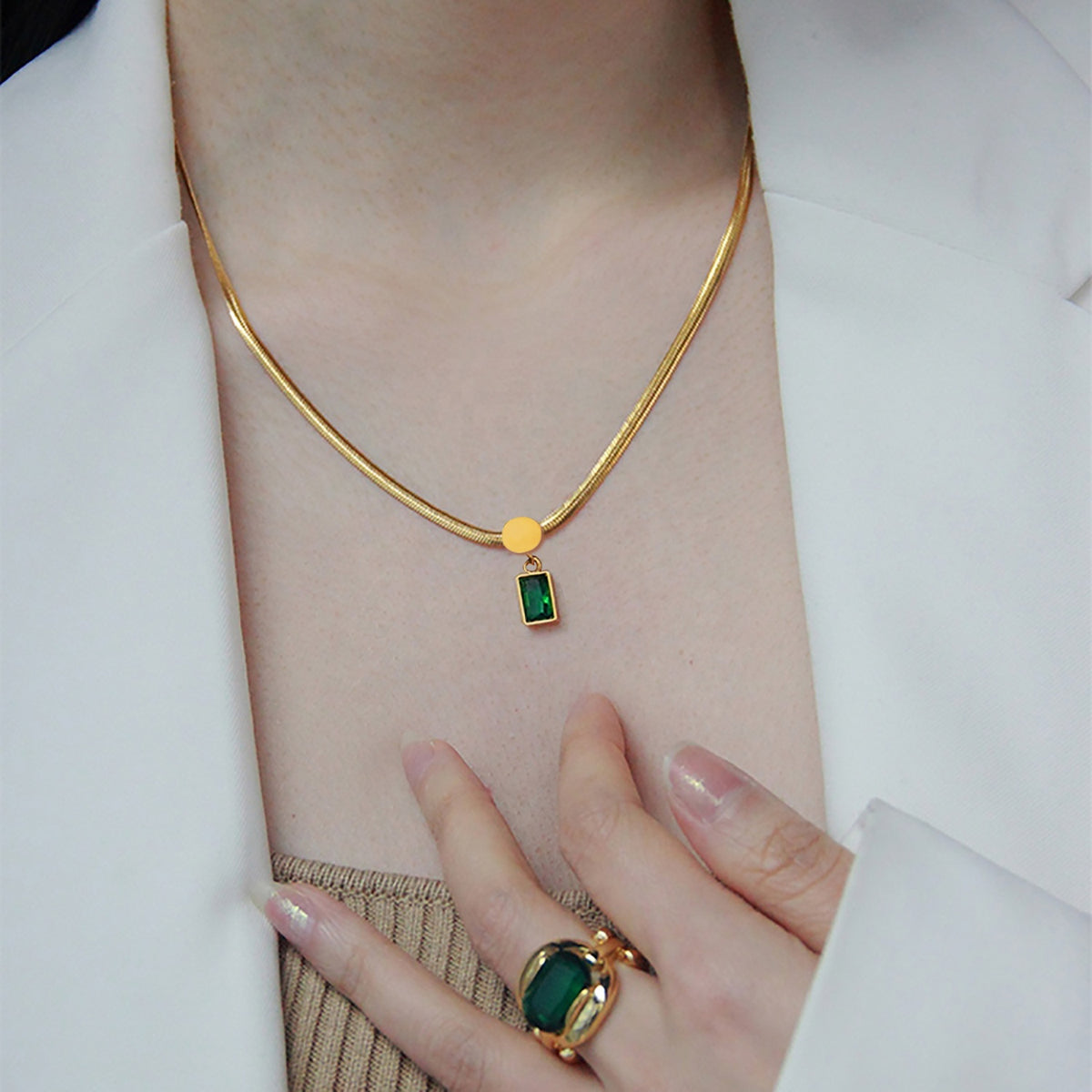 18K Gold Plated Stainless Steel Green Square Zircon Pendant Snake Chain Necklace For Women's 2024 - Rudaki