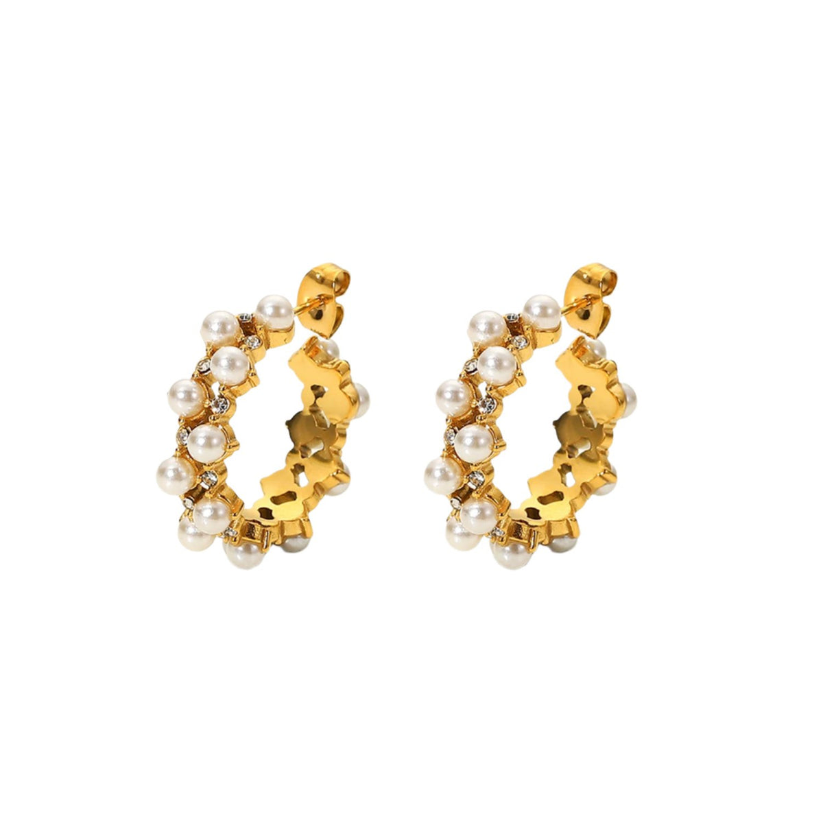 Pearl Cubic Zirconia Two Layer Hollow Hoop Earrings - Rudaki