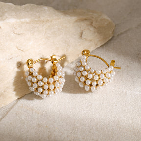 V shape pearl Hoop Earrings  - Rudaki