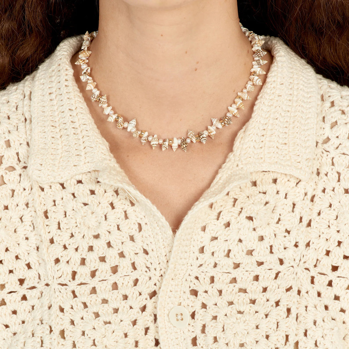 Full Strand Small Conch pearl and steel bead necklace - Rudaki