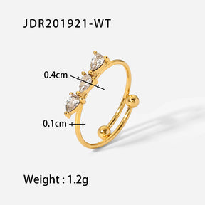 Stainless Steel 18k gold plated jewelery water drop bar cubic zirconia finger opening ring - Rudaki