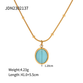 Trendy Bead Chain Stone Necklace Stainless Steel Oval Shape Light Blue Stone Pendant Necklace - Rudaki