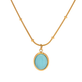 Trendy Bead Chain Stone Necklace Stainless Steel Oval Shape Light Blue Stone Pendant Necklace - Rudaki