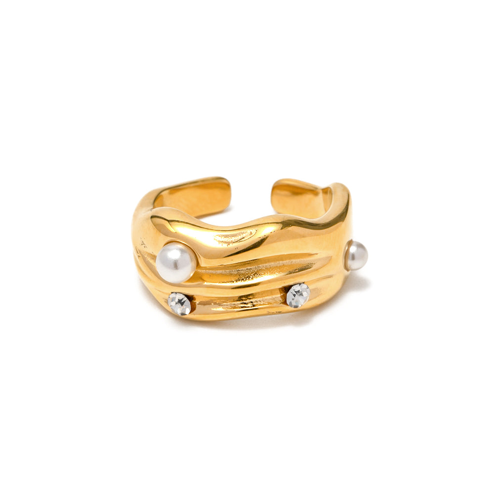 Geometric Pearl Zirconia Inlaid Opening Finger Rings 18k Gold Plated Stainless Steel Muti Layer Rings - Rudaki