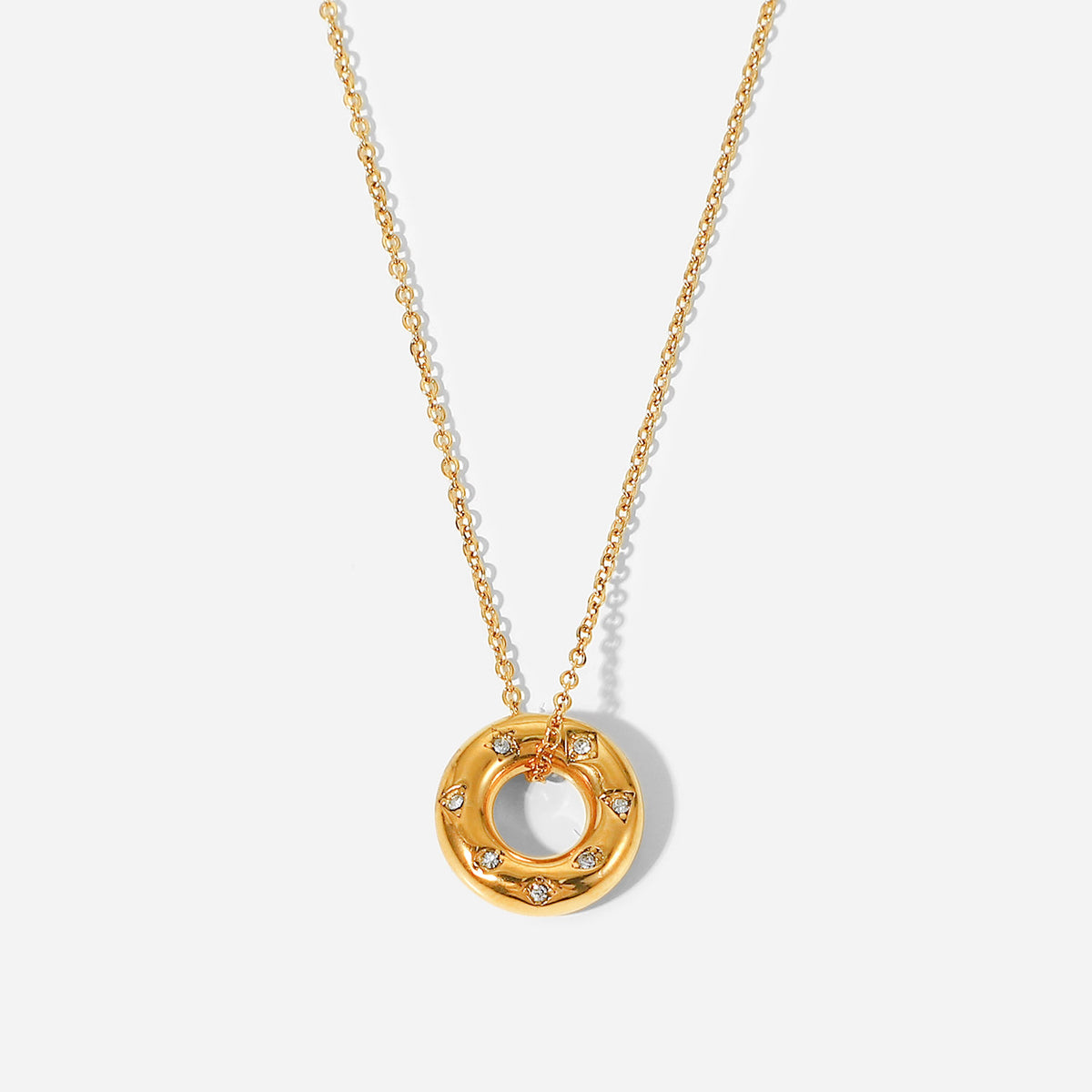 18k Gold Plated Stainless Steel Tarnish Free Cubic Zirconia Circle Hollow Pendant Necklace - Rudaki